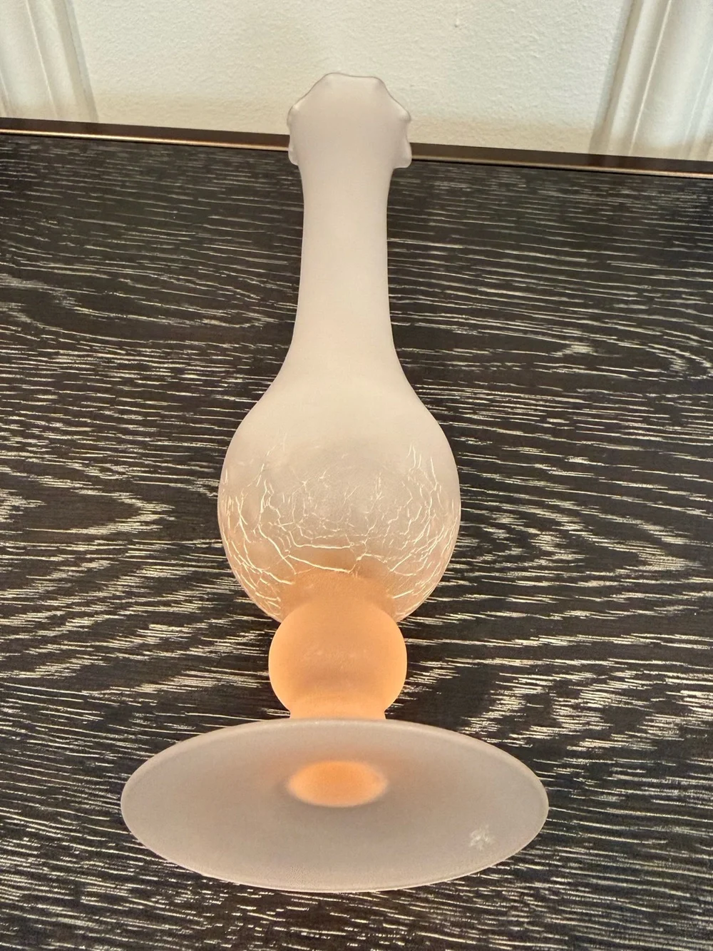 Vintage Pink Frosted Fluted Vase Ruffled Top Crackle Glass